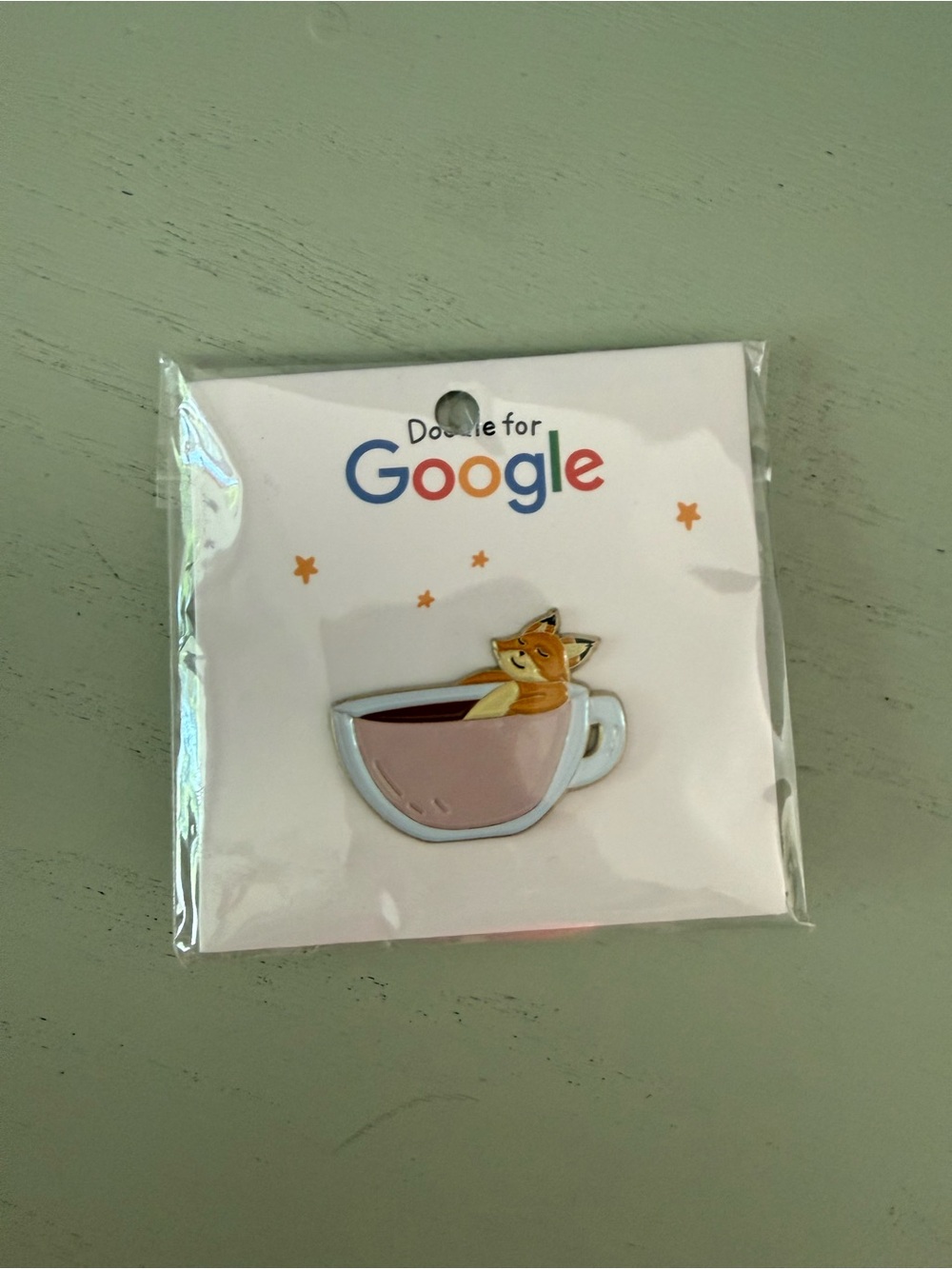 New in Package Rare Doodle for Google Fox in Tea Cup Collectable Lapel Pin Promo